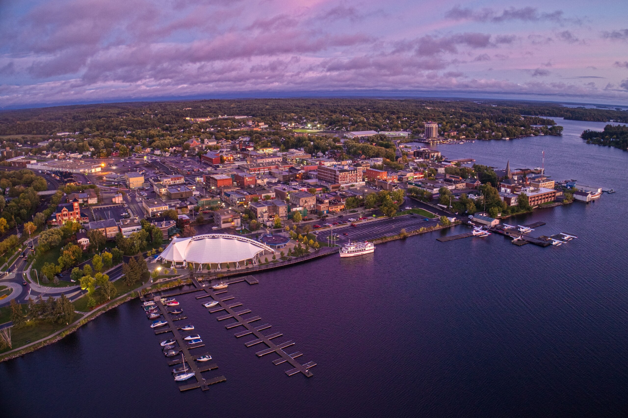Aerial View of Kenora, Ontario at sunset in summer Rural Enhancement Program
